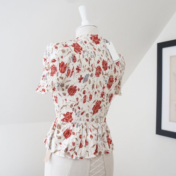 Reformation Aggie Magnolia Puff Sleeve Smocked Peplum Top Size Small NWT - Picture 16 of 16